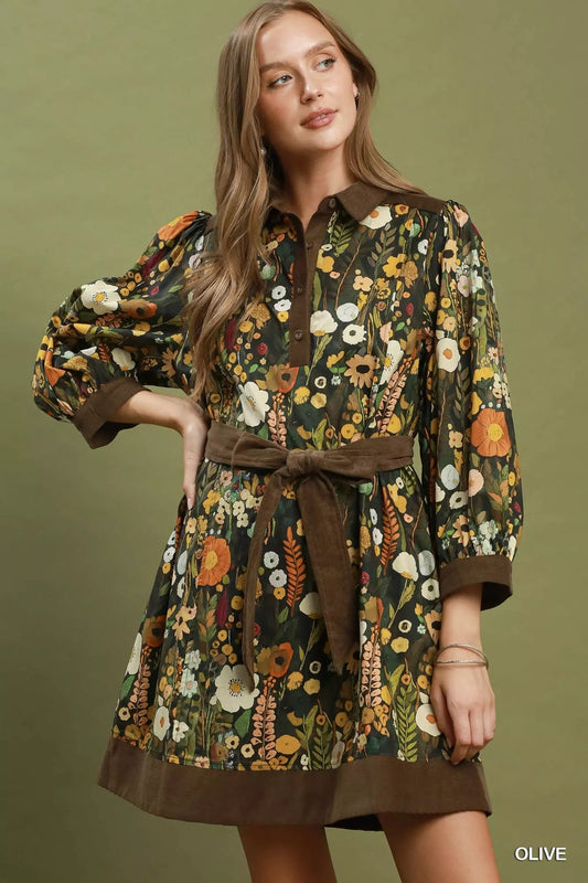 Umgee Floral Print Belted Puff Sleeve Mini Dress - Bitsy Gypsy Boutique