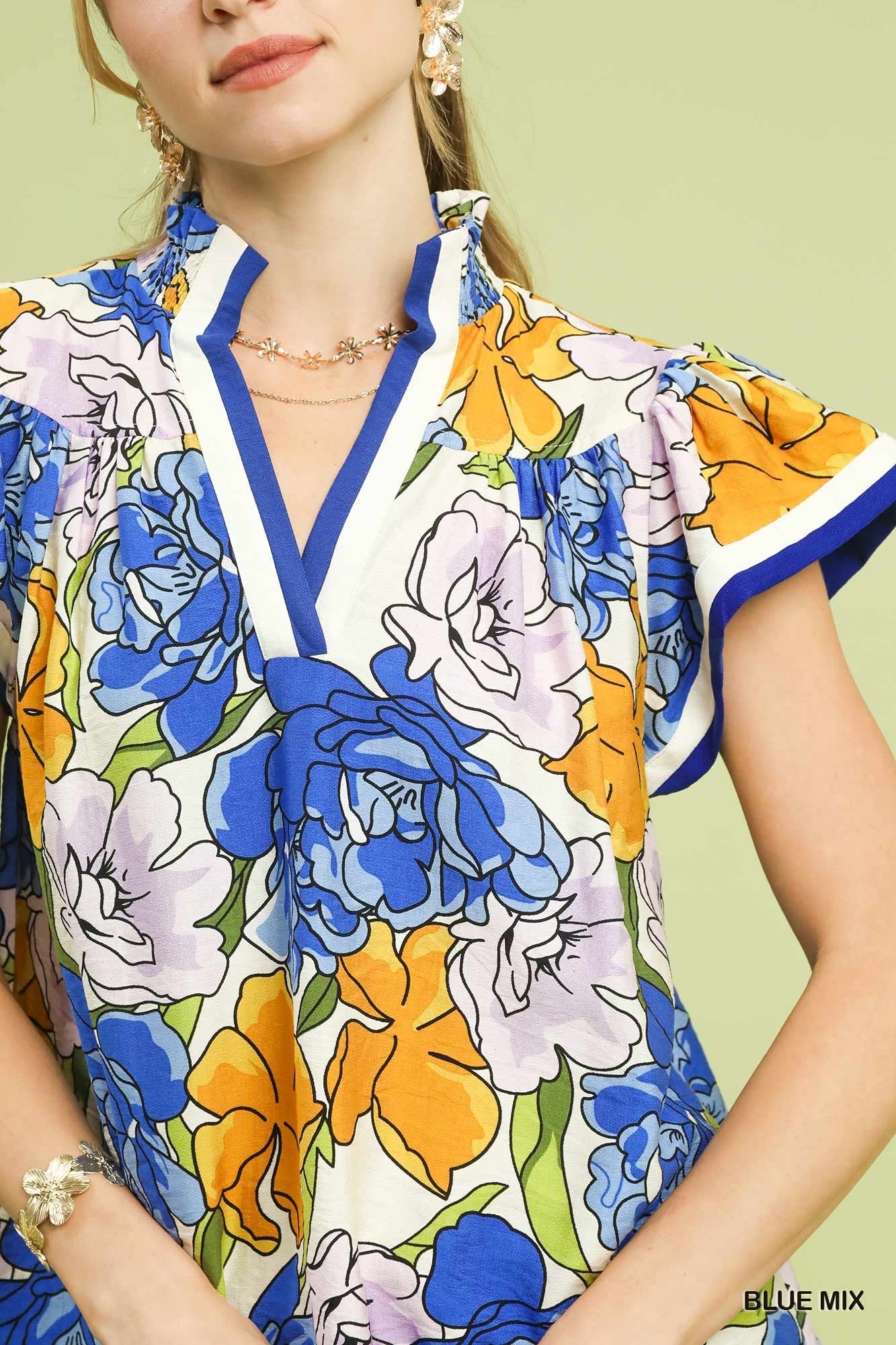Umgee Floral Print Blouse with Contrast Trim - Bitsy Gypsy Boutique
