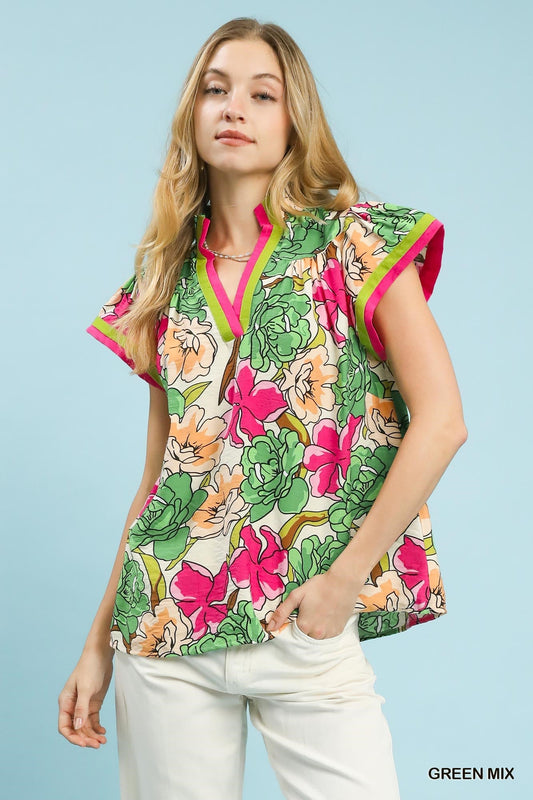 Umgee Floral Print Blouse with Contrast Trim - Bitsy Gypsy Boutique