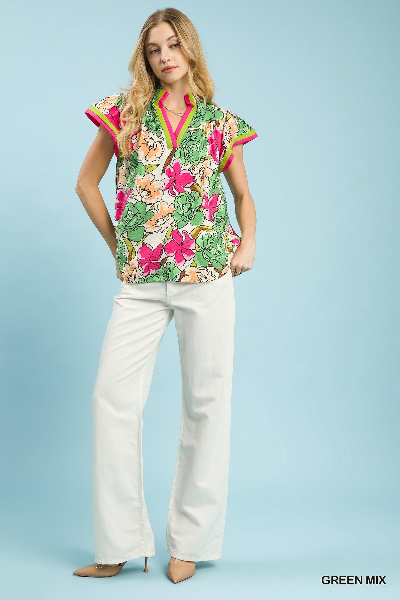 Umgee Floral Print Blouse with Contrast Trim - Bitsy Gypsy Boutique