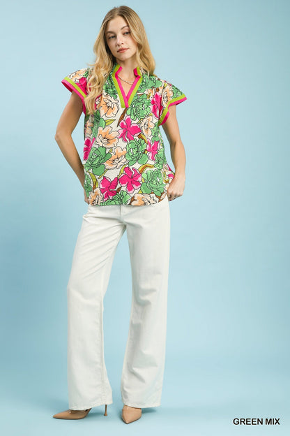 Umgee Floral Print Blouse with Contrast Trim - Bitsy Gypsy Boutique