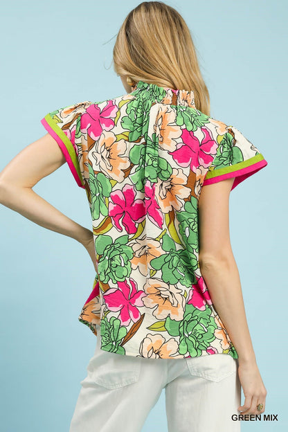 Umgee Floral Print Blouse with Contrast Trim - Bitsy Gypsy Boutique