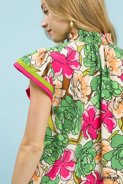 Umgee Floral Print Blouse with Contrast Trim - Bitsy Gypsy Boutique