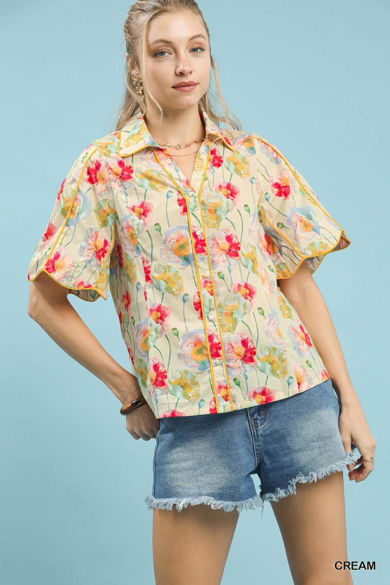 Umgee Floral Print Button - Down Blouse with Flutter Sleeves - Bitsy Gypsy Boutique