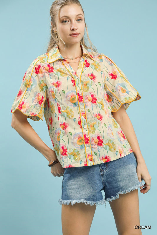 Umgee Floral Print Button - Down Blouse with Flutter Sleeves - Bitsy Gypsy Boutique