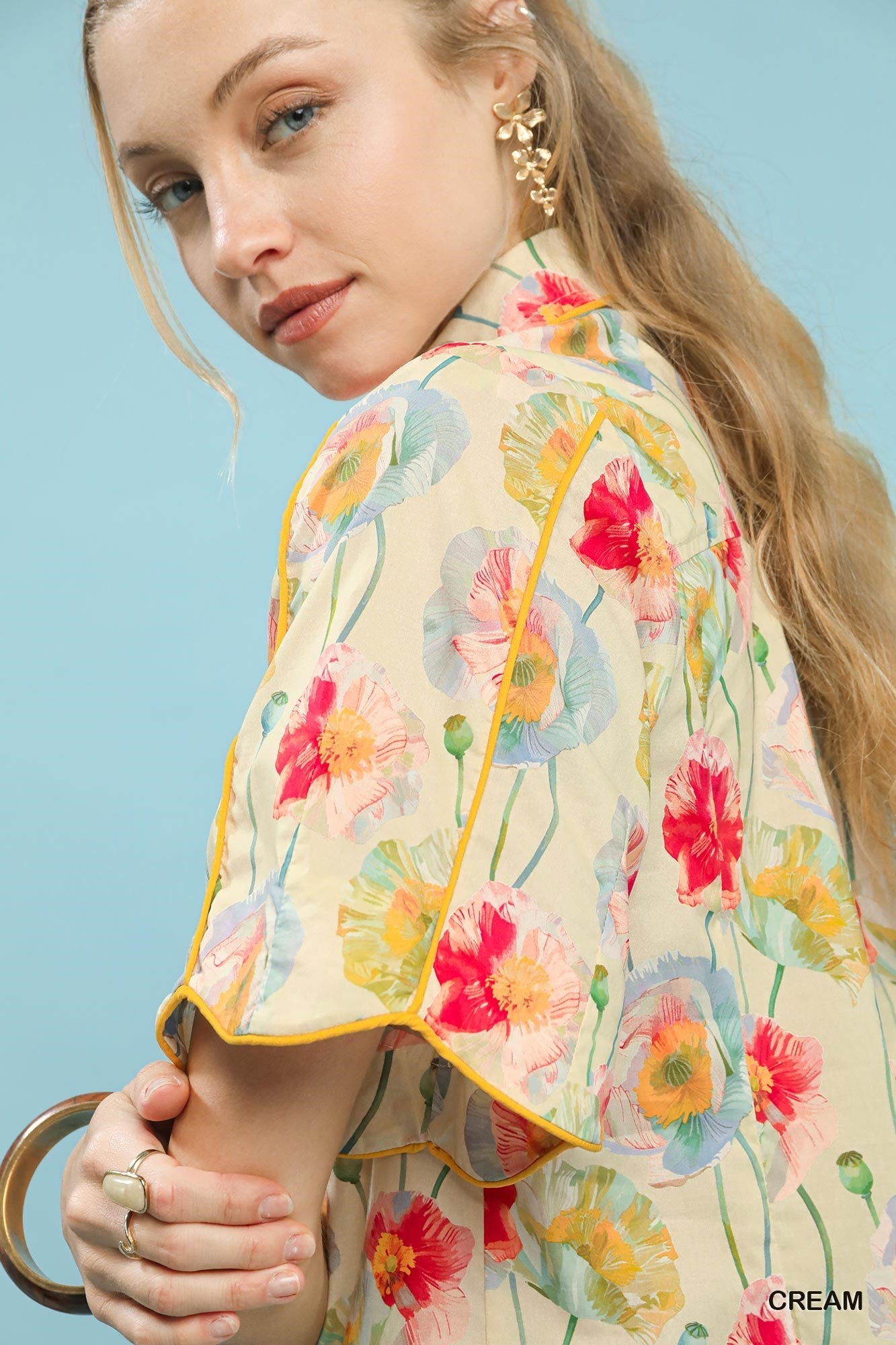 Umgee Floral Print Button - Down Blouse with Flutter Sleeves - Bitsy Gypsy Boutique