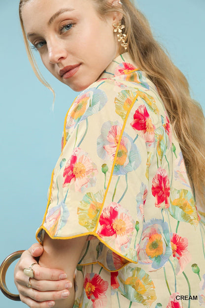 Umgee Floral Print Button - Down Blouse with Flutter Sleeves - Bitsy Gypsy Boutique