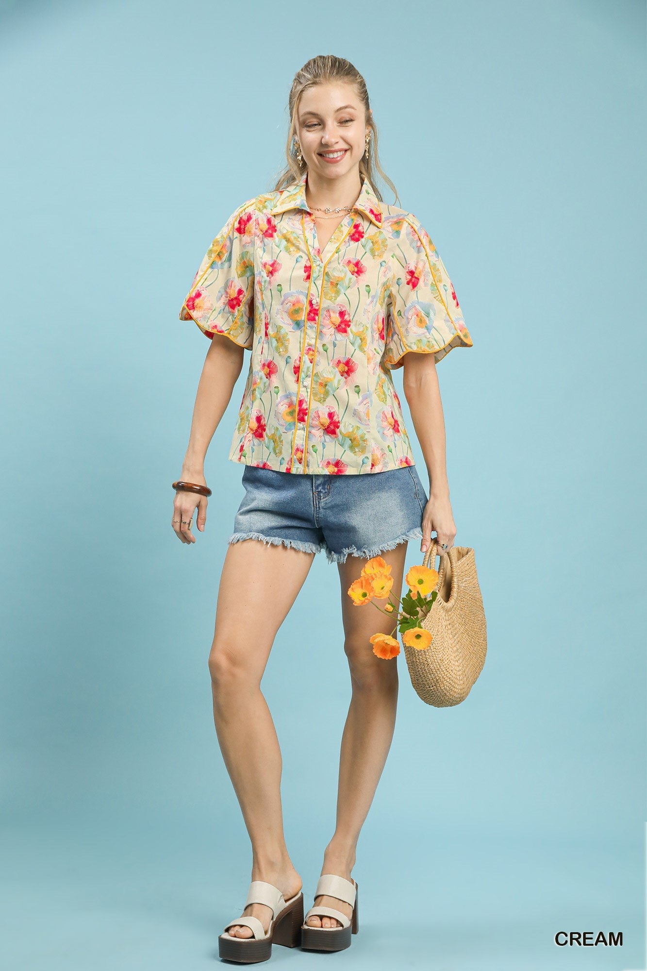 Umgee Floral Print Button - Down Blouse with Flutter Sleeves - Bitsy Gypsy Boutique