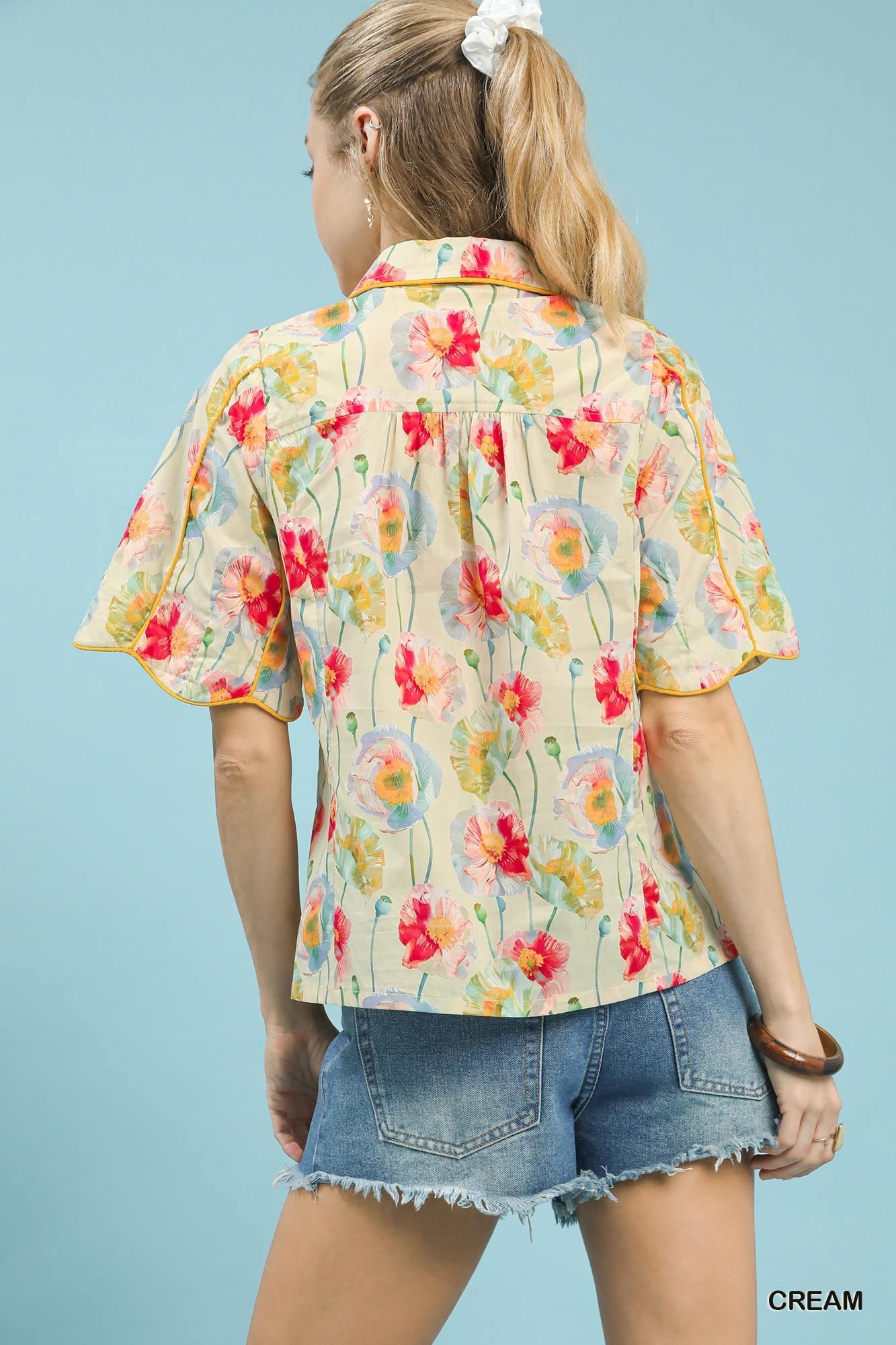 Umgee Floral Print Button - Down Blouse with Flutter Sleeves - Bitsy Gypsy Boutique