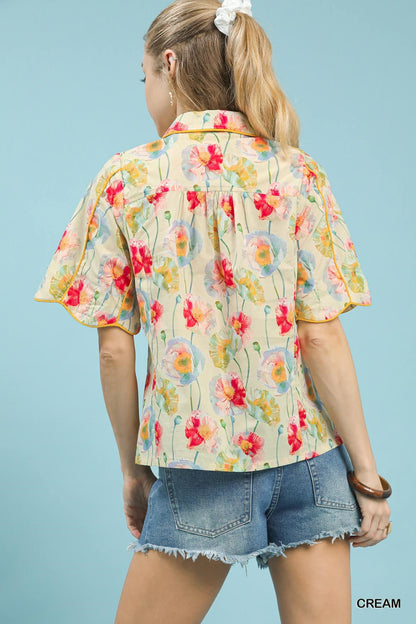 Umgee Floral Print Button - Down Blouse with Flutter Sleeves - Bitsy Gypsy Boutique