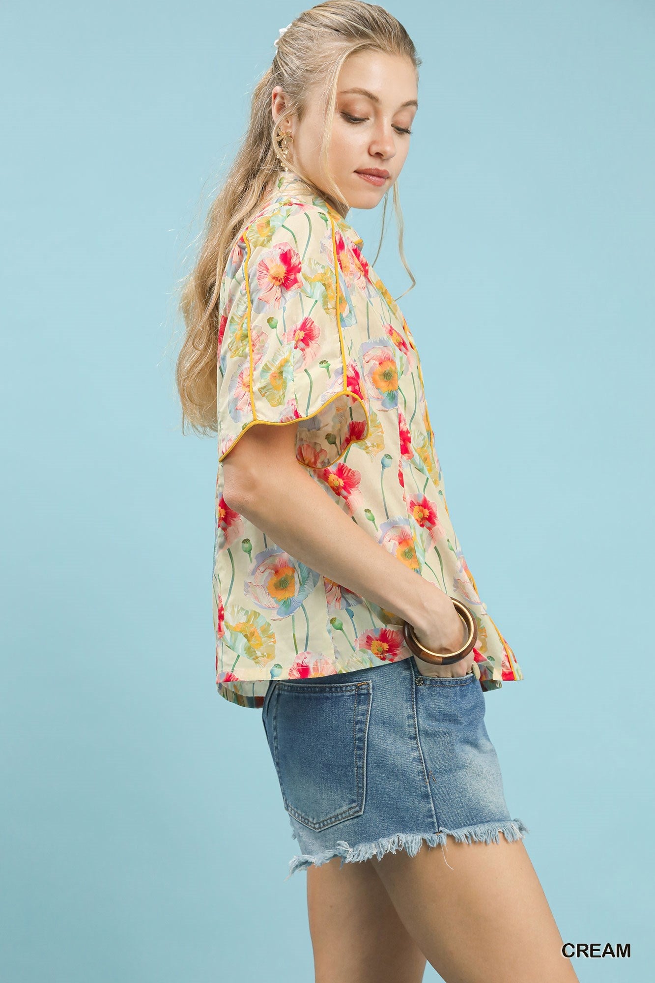 Umgee Floral Print Button - Down Blouse with Flutter Sleeves - Bitsy Gypsy Boutique