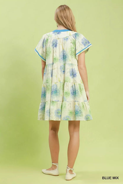 Umgee Floral Print Contrast Trim Tiered Babydoll Dress - Bitsy Gypsy Boutique
