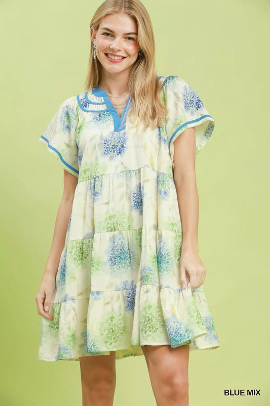 Umgee Floral Print Contrast Trim Tiered Babydoll Dress - Bitsy Gypsy Boutique