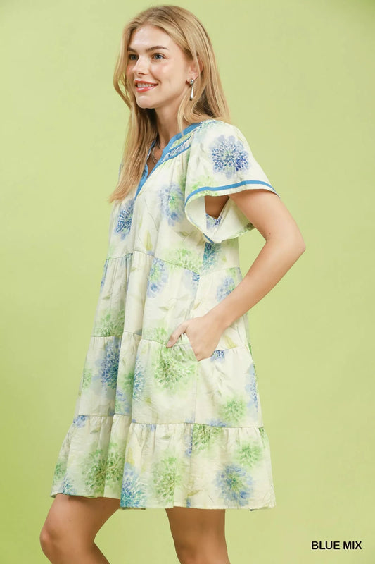 Umgee Floral Print Contrast Trim Tiered Babydoll Dress - Bitsy Gypsy Boutique