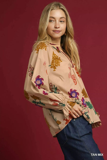 Umgee Floral Print Flounce Sleeve Blouse - Bitsy Gypsy Boutique