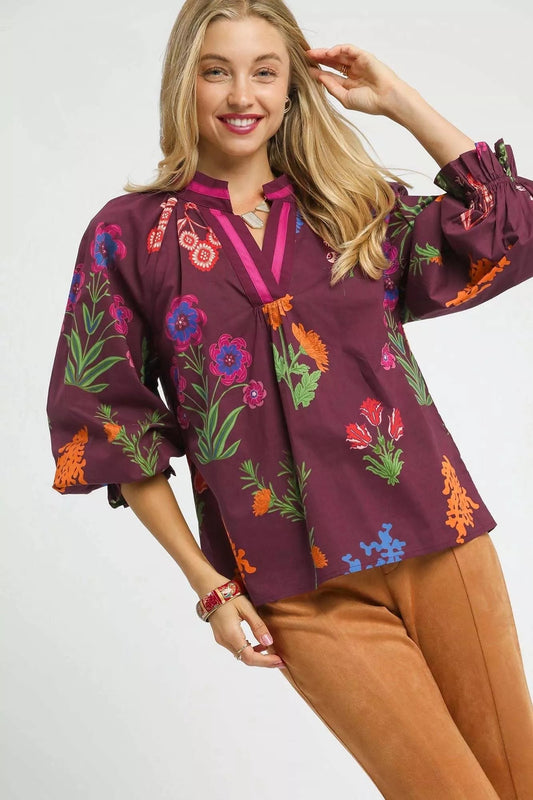 Umgee Floral Print Flounce Sleeve Blouse - Bitsy Gypsy Boutique