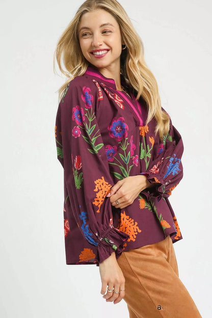 Umgee Floral Print Flounce Sleeve Blouse - Bitsy Gypsy Boutique