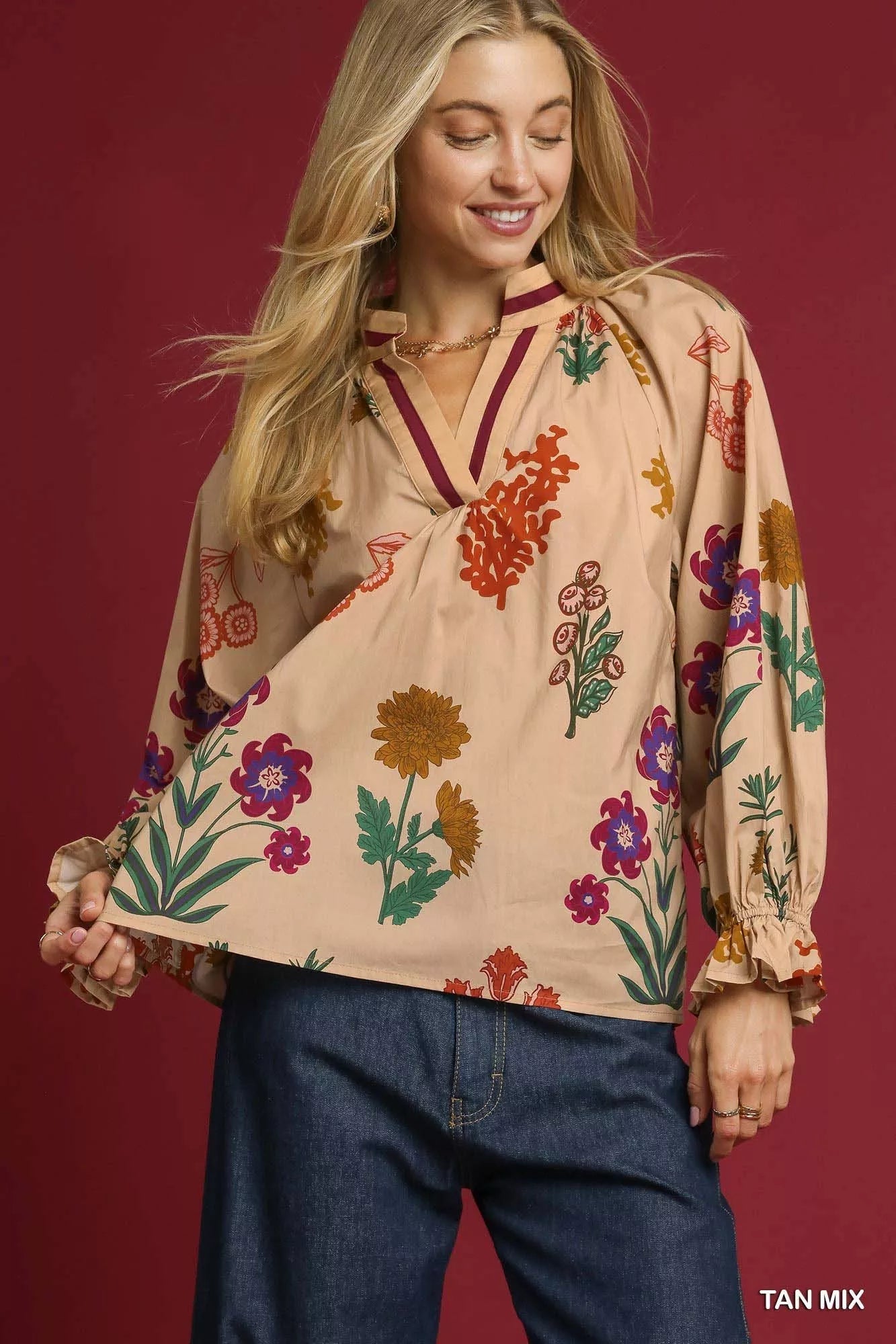Umgee Floral Print Flounce Sleeve Blouse - Bitsy Gypsy Boutique