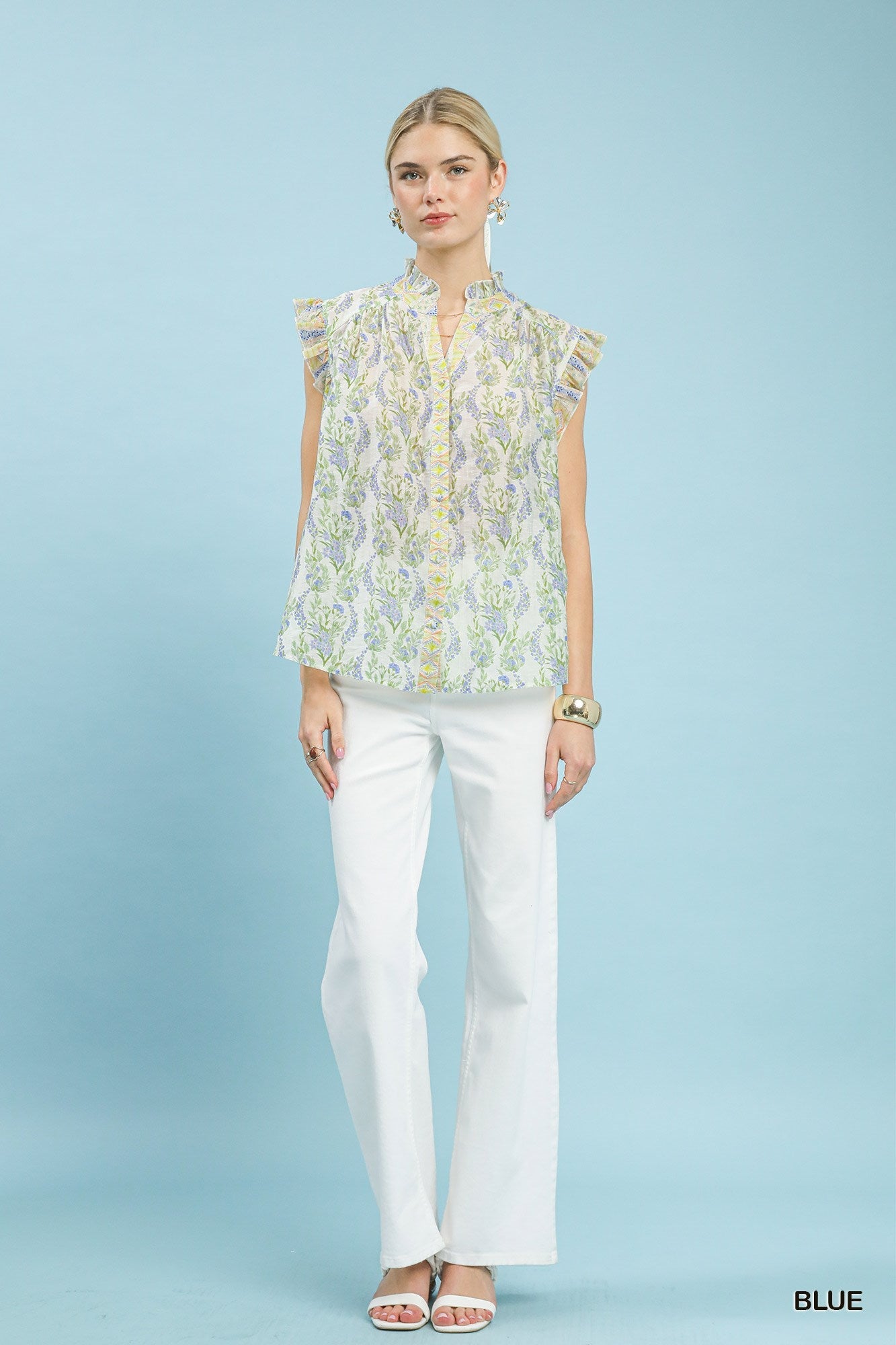 Umgee Floral Print Flutter Sleeve Split Neck Top - Bitsy Gypsy Boutique