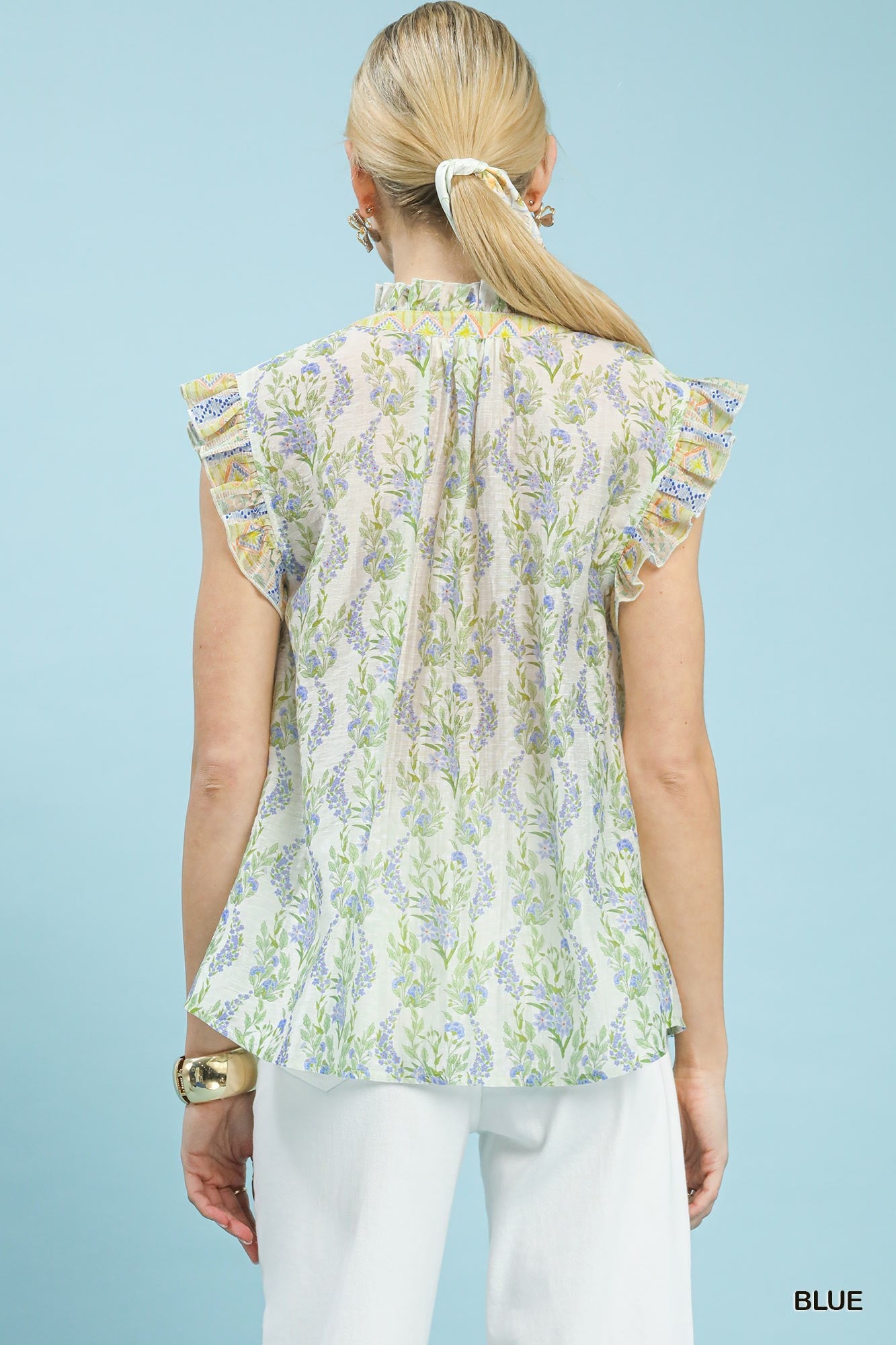 Umgee Floral Print Flutter Sleeve Split Neck Top - Bitsy Gypsy Boutique