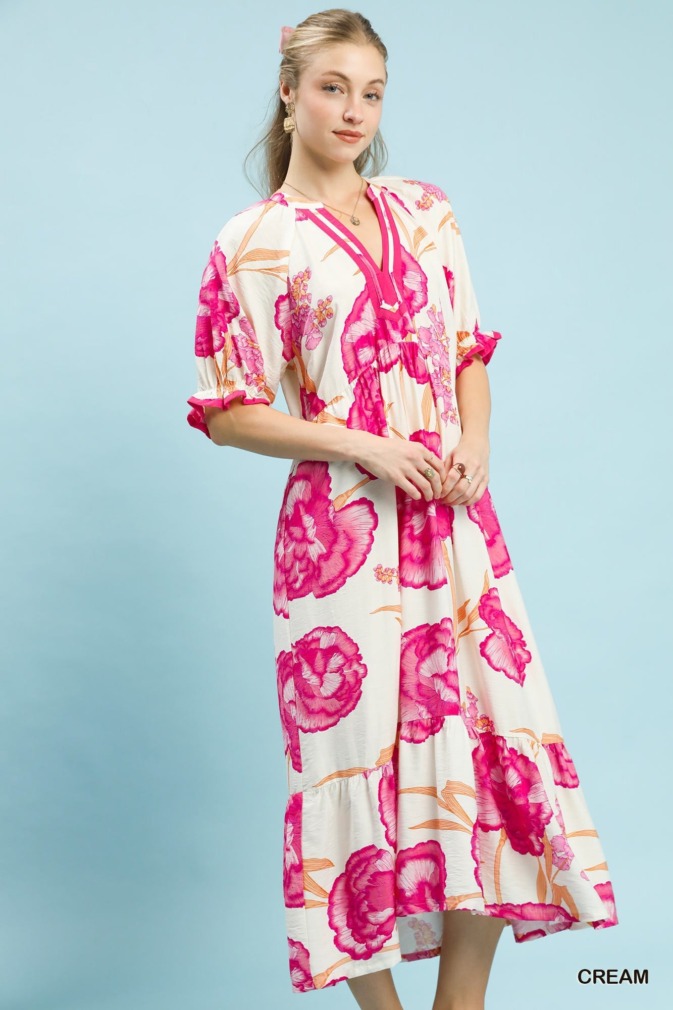 Umgee Floral Print Midi Dress with Contrast Trim - Bitsy Gypsy Boutique
