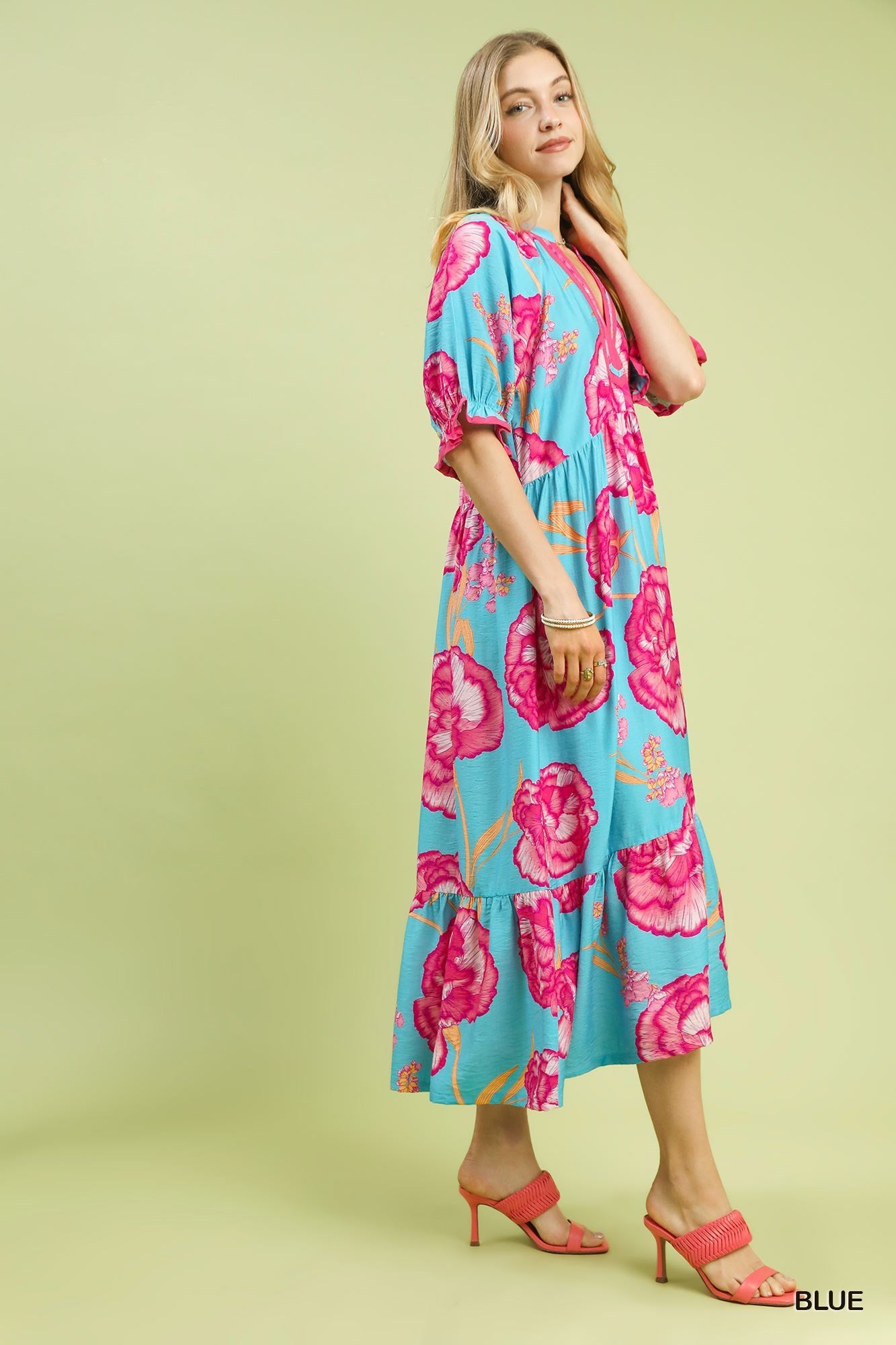 Umgee Floral Print Midi Dress with Contrast Trim - Bitsy Gypsy Boutique