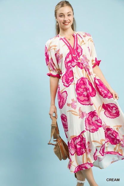 Umgee Floral Print Midi Dress with Contrast Trim - Bitsy Gypsy Boutique