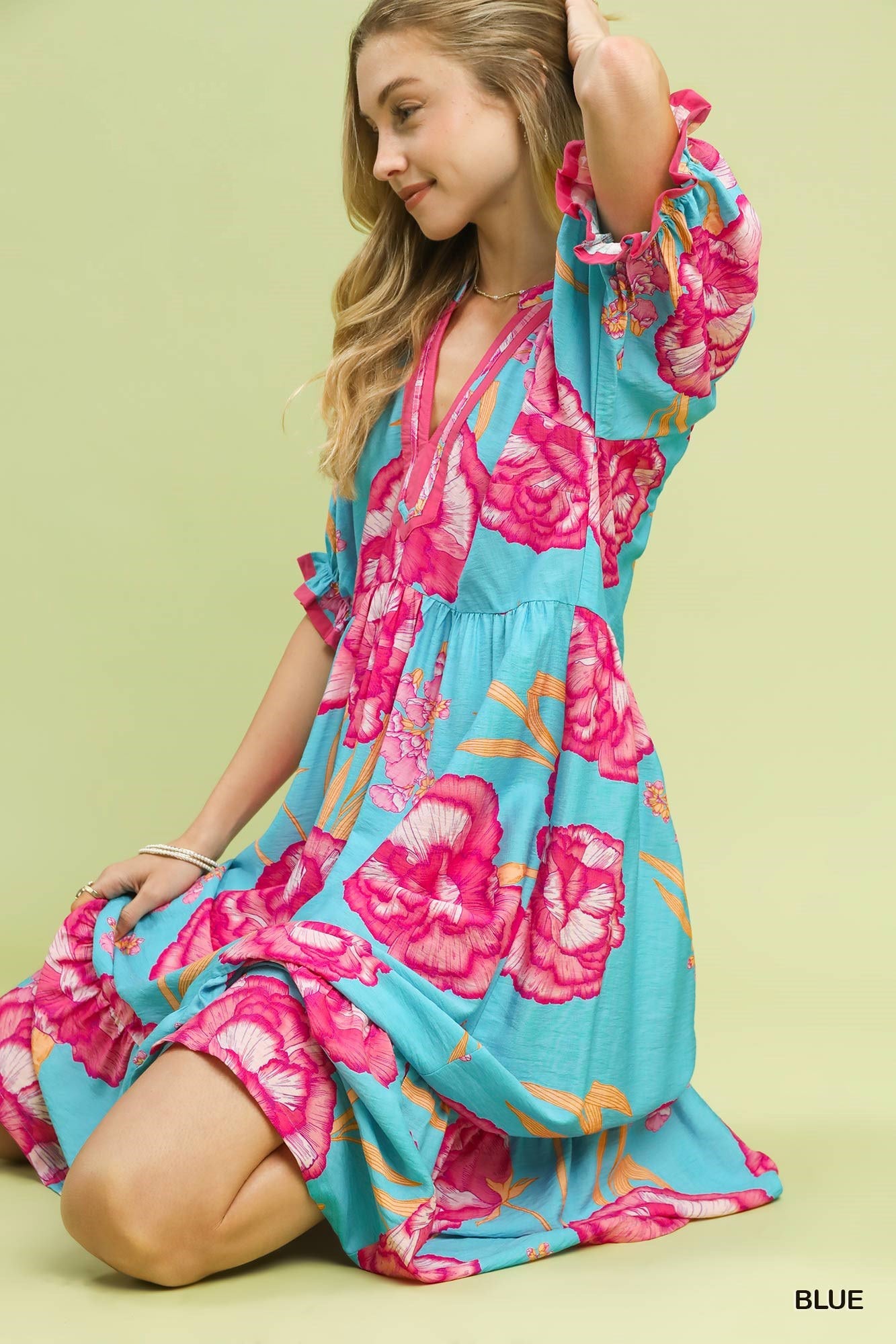 Umgee Floral Print Midi Dress with Contrast Trim - Bitsy Gypsy Boutique