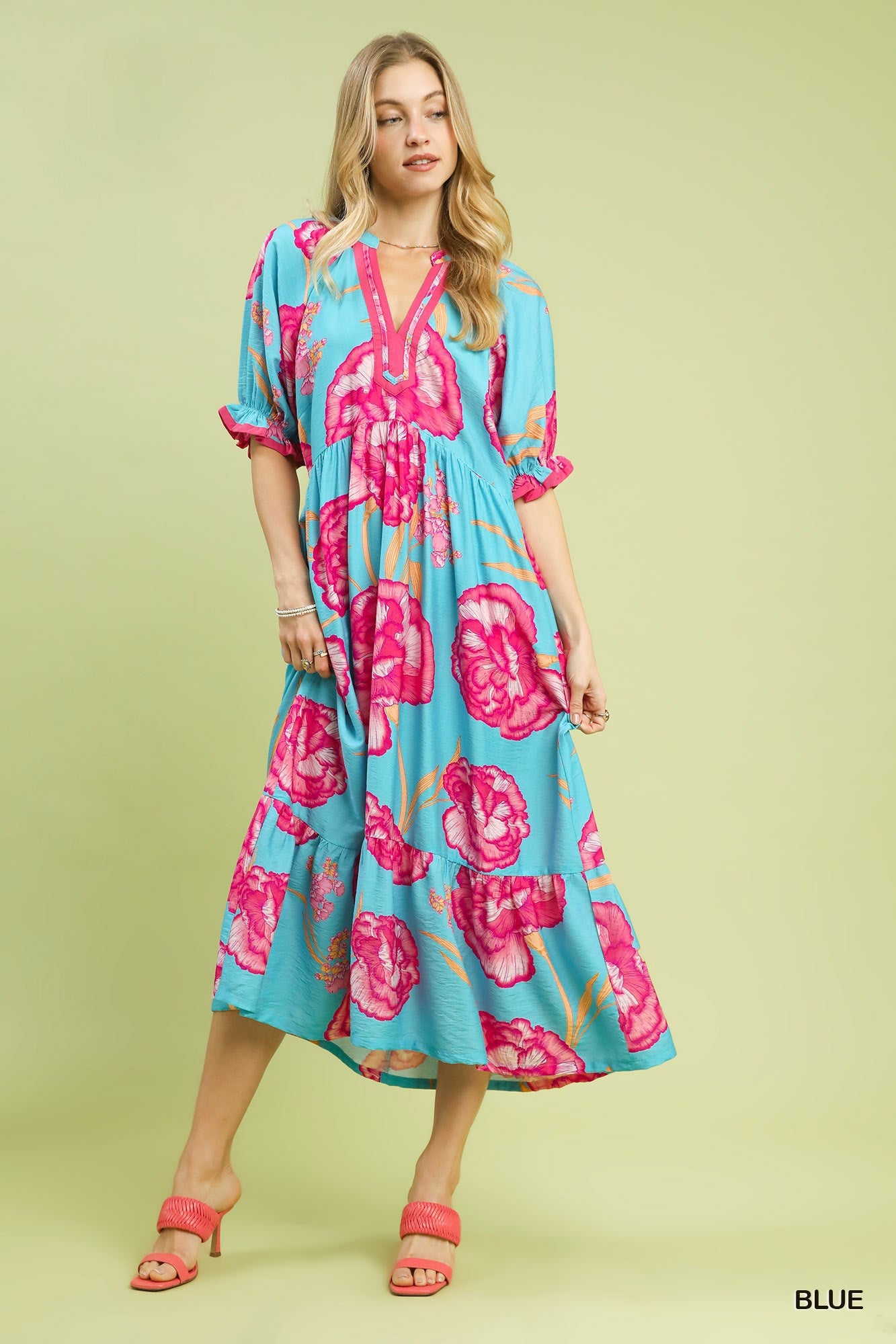 Umgee Floral Print Midi Dress with Contrast Trim - Bitsy Gypsy Boutique