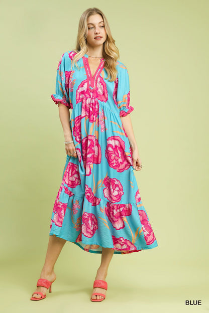 Umgee Floral Print Midi Dress with Contrast Trim - Bitsy Gypsy Boutique