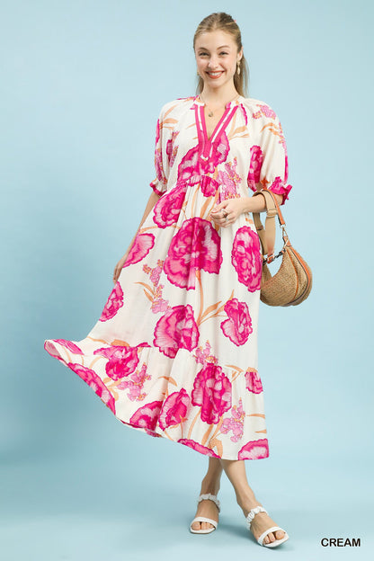 Umgee Floral Print Midi Dress with Contrast Trim - Bitsy Gypsy Boutique