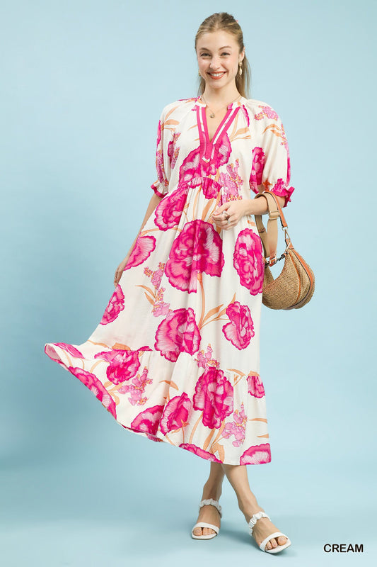 Umgee Floral Print Midi Dress with Contrast Trim - Bitsy Gypsy Boutique