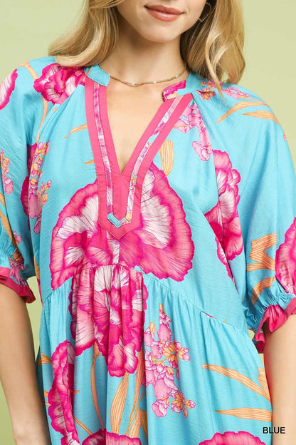 Umgee Floral Print Midi Dress with Contrast Trim - Bitsy Gypsy Boutique