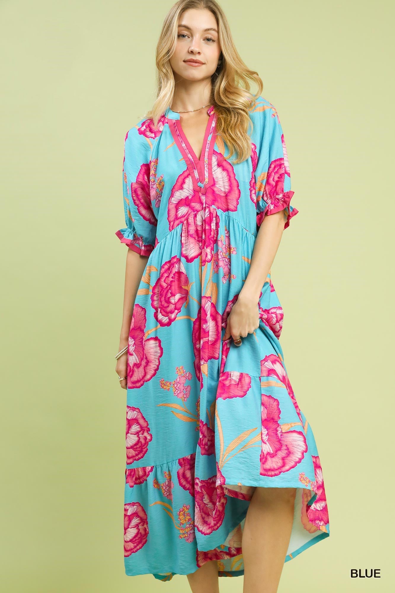 Umgee Floral Print Midi Dress with Contrast Trim - Bitsy Gypsy Boutique