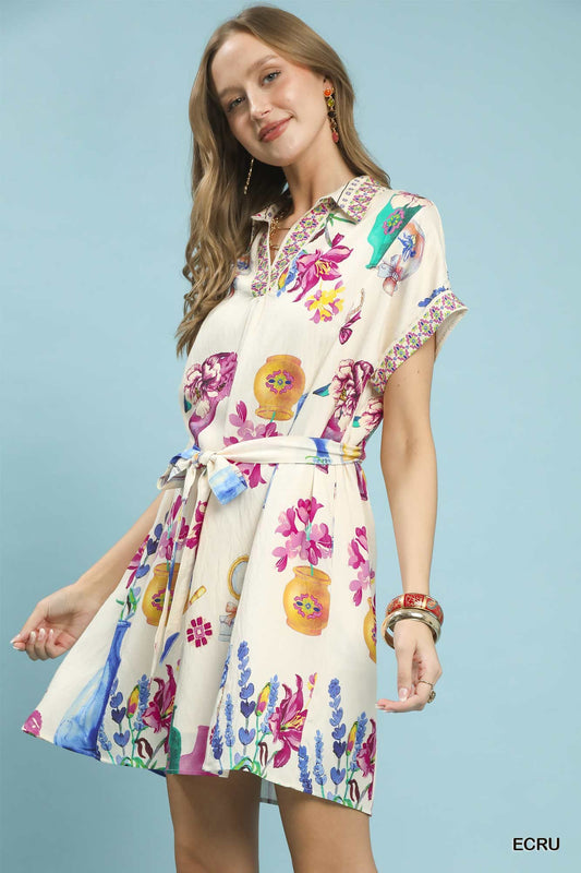 Umgee Floral Print Mini Dress with Belt - Bitsy Gypsy Boutique