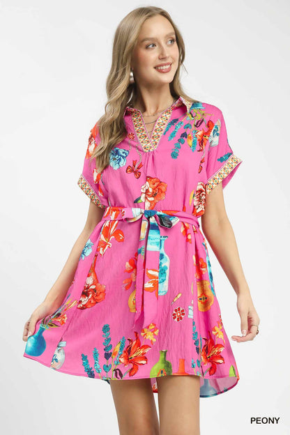 Umgee Floral Print Mini Dress with Belt - Bitsy Gypsy Boutique