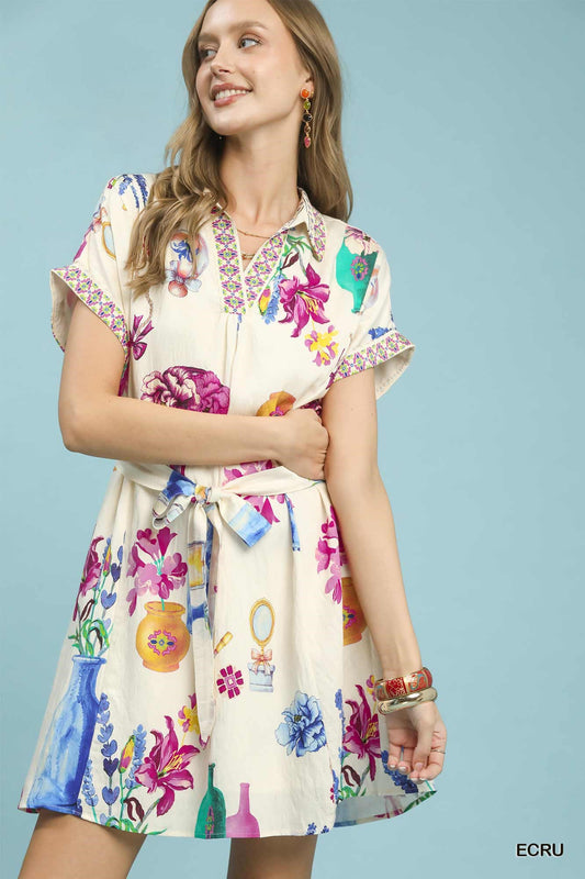 Umgee Floral Print Mini Dress with Belt - Bitsy Gypsy Boutique