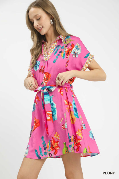 Umgee Floral Print Mini Dress with Belt - Bitsy Gypsy Boutique