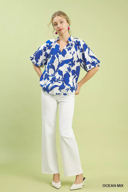 Umgee Floral Print Puff Sleeve Blouse with Scallop Hem - Bitsy Gypsy Boutique