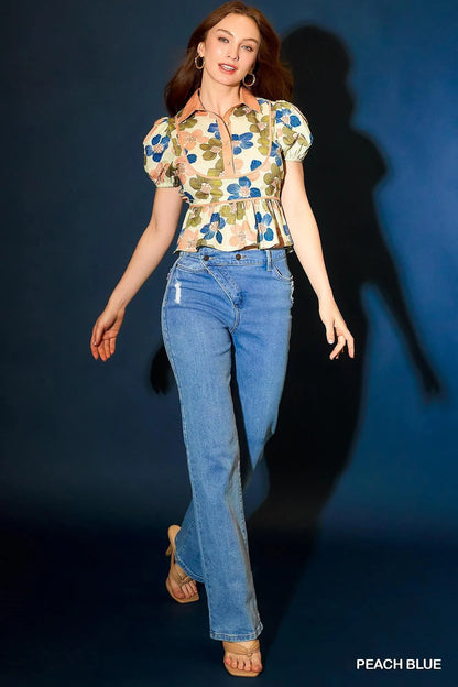 Umgee Floral Print Puff Sleeve Cropped Blouse - Bitsy Gypsy Boutique