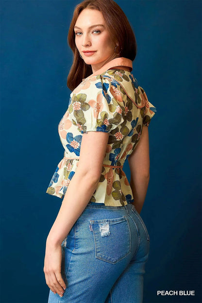 Umgee Floral Print Puff Sleeve Cropped Blouse - Bitsy Gypsy Boutique