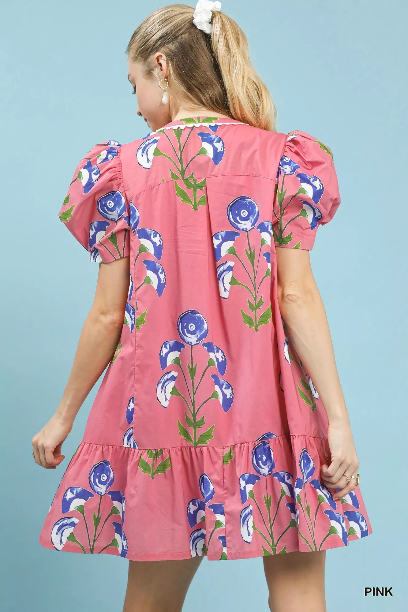 Umgee Floral Print Puff Sleeve Mini Dress with Scallop Trim - Bitsy Gypsy Boutique