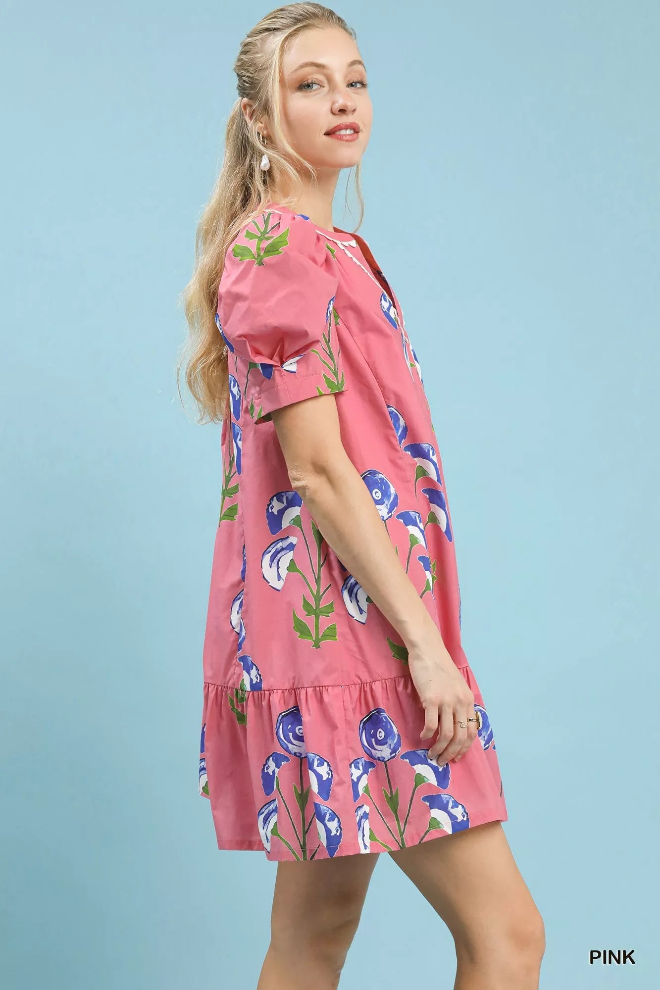 Umgee Floral Print Puff Sleeve Mini Dress with Scallop Trim - Bitsy Gypsy Boutique