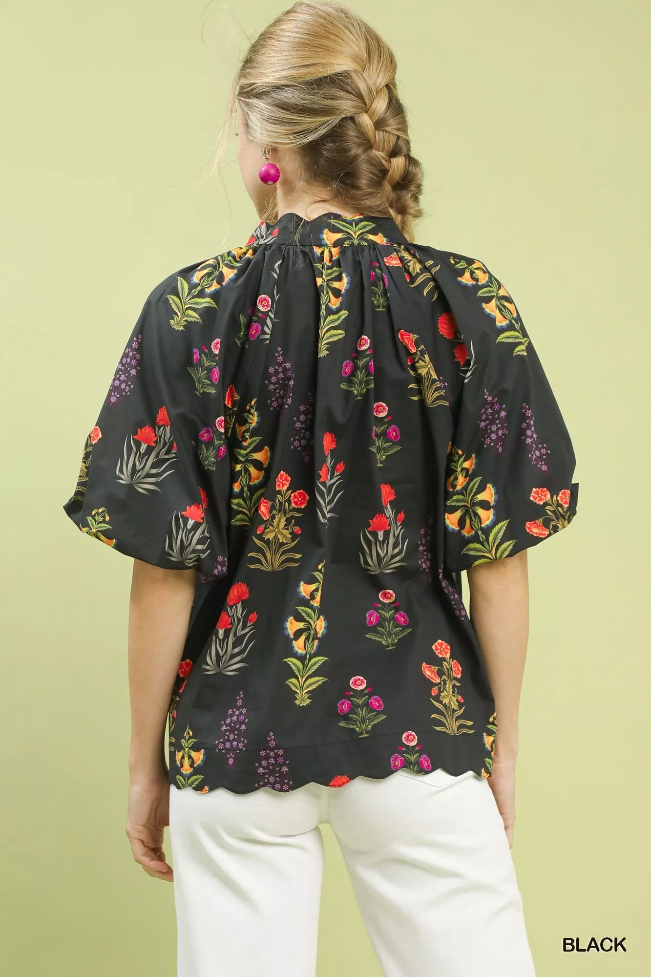 Umgee Floral Print Puff Sleeve Scallop Hem Blouse - Bitsy Gypsy Boutique