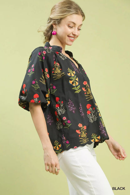 Umgee Floral Print Puff Sleeve Scallop Hem Blouse - Bitsy Gypsy Boutique