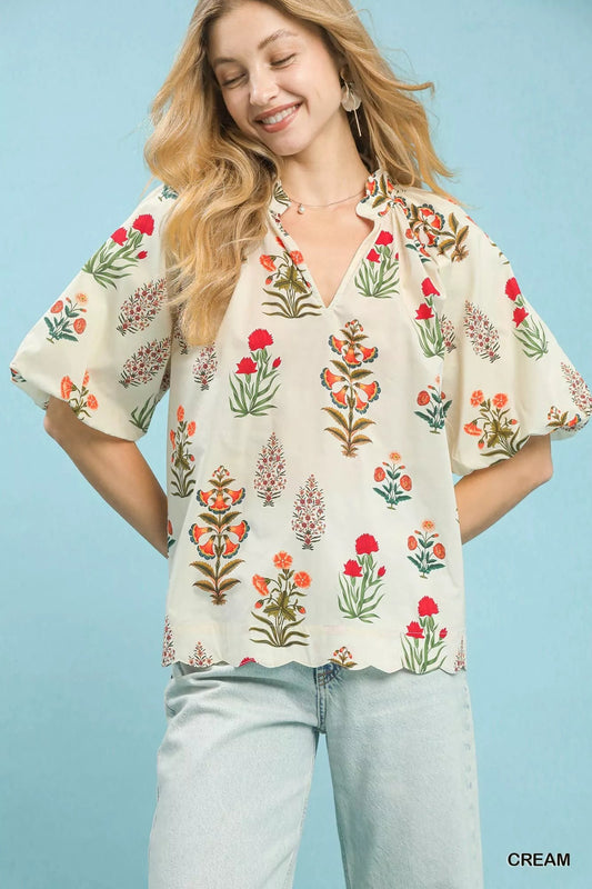 Umgee Floral Print Puff Sleeve Scallop Hem Blouse - Bitsy Gypsy Boutique