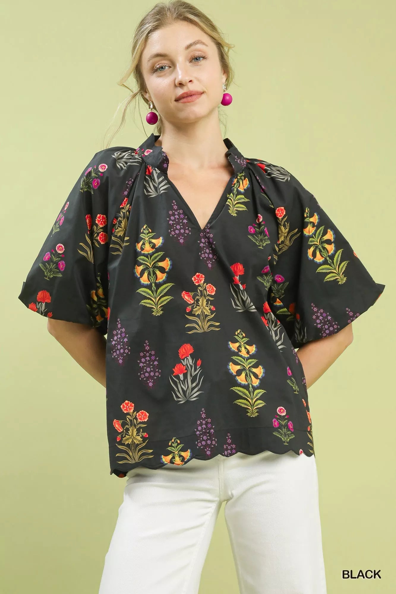 Umgee Floral Print Puff Sleeve Scallop Hem Blouse - Bitsy Gypsy Boutique