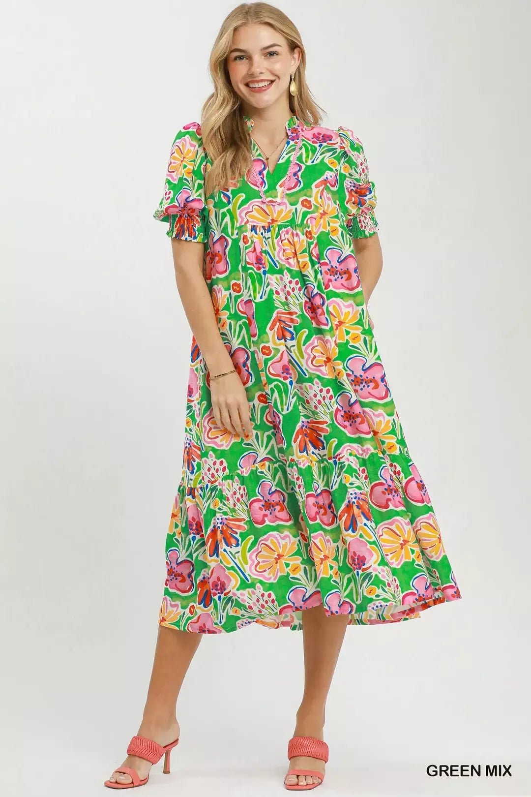 Umgee Floral Print Puff Sleeve Tiered Midi Dress - Bitsy Gypsy Boutique