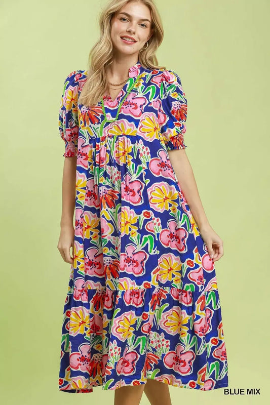 Umgee Floral Print Puff Sleeve Tiered Midi Dress - Bitsy Gypsy Boutique