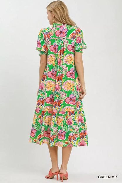 Umgee Floral Print Puff Sleeve Tiered Midi Dress - Bitsy Gypsy Boutique